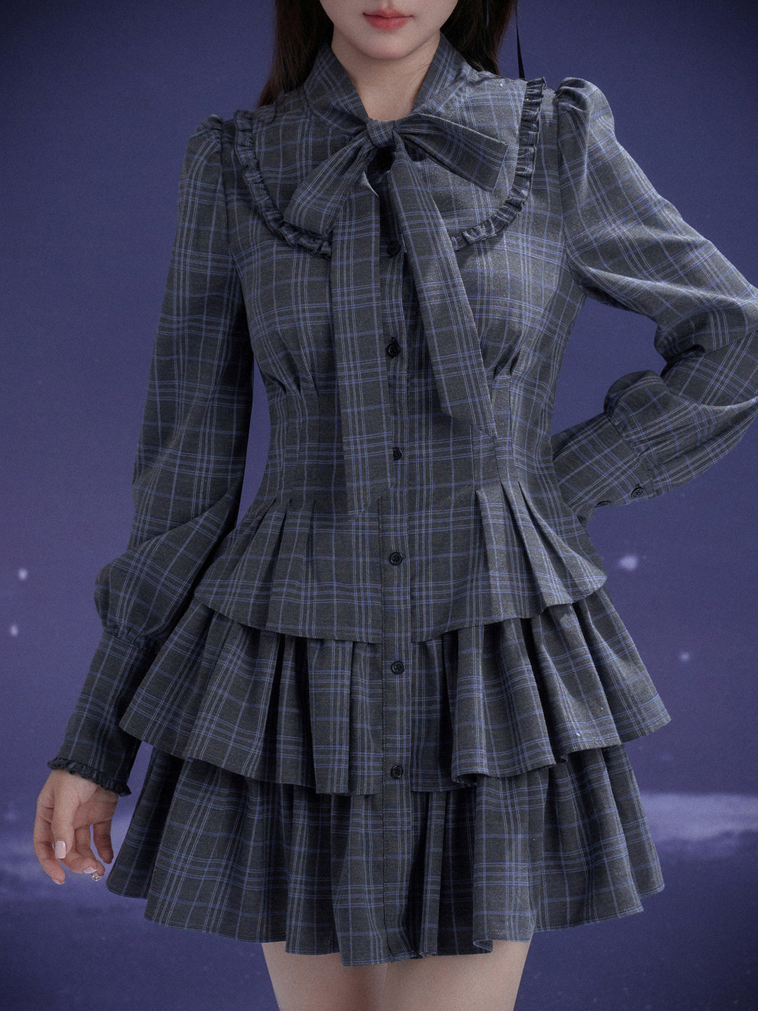 Plaid Bow Collar Tiered Mini Dress