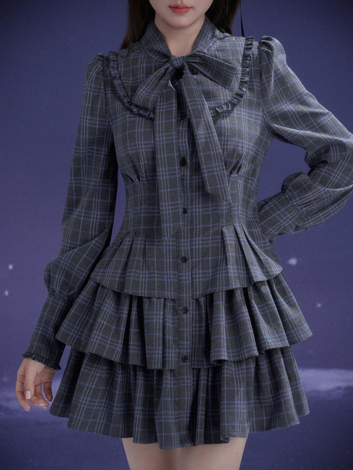 Plaid Bow Collar Tiered Mini Dress