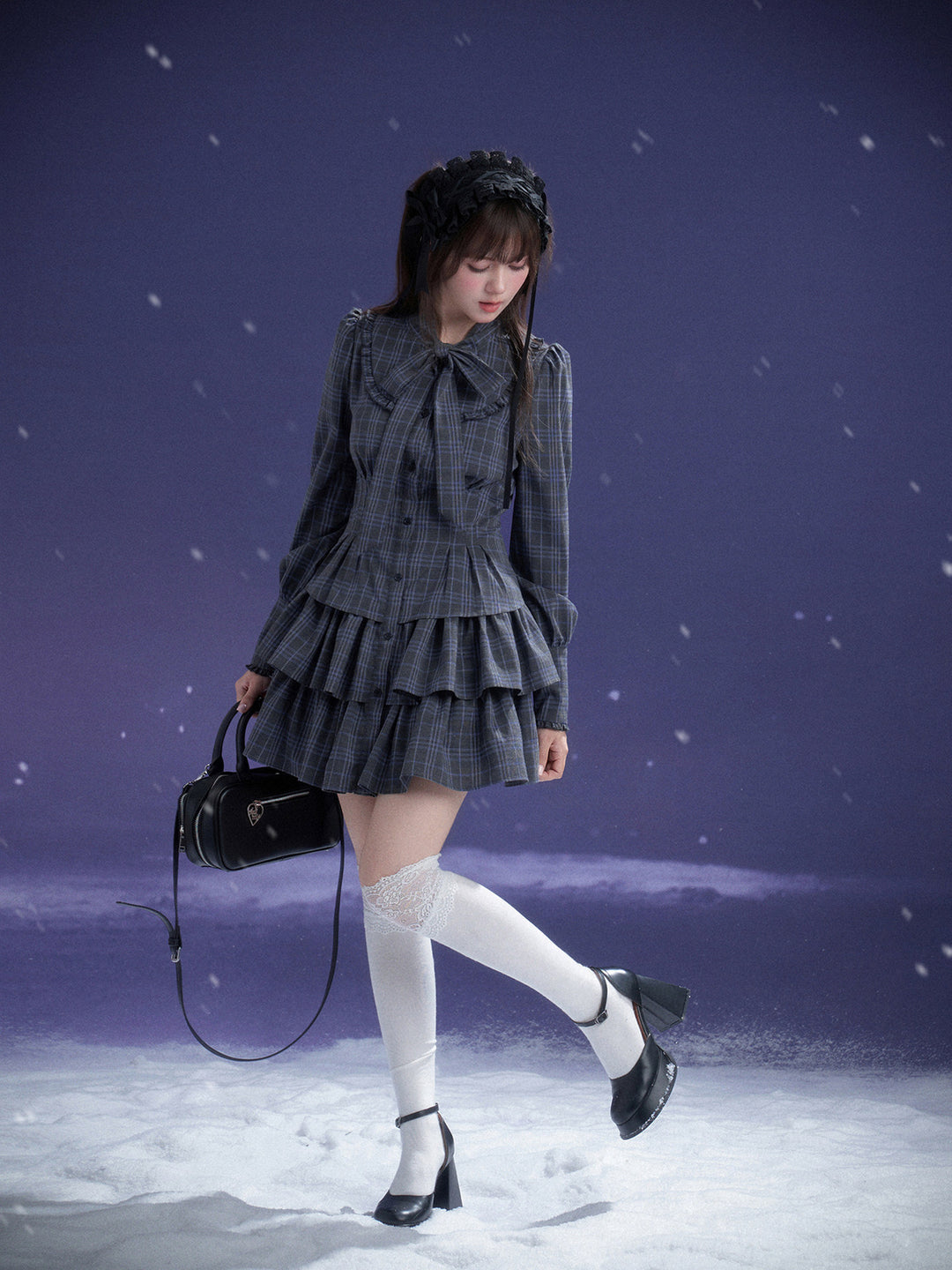 Plaid Bow Collar Tiered Mini Dress