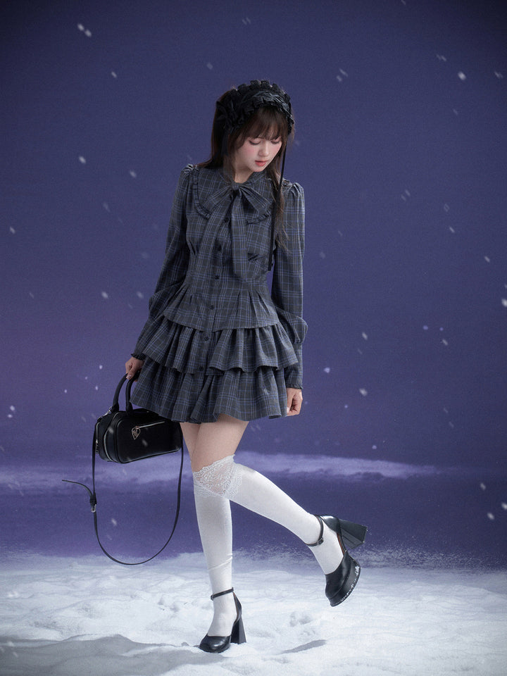 Plaid Bow Collar Tiered Mini Dress