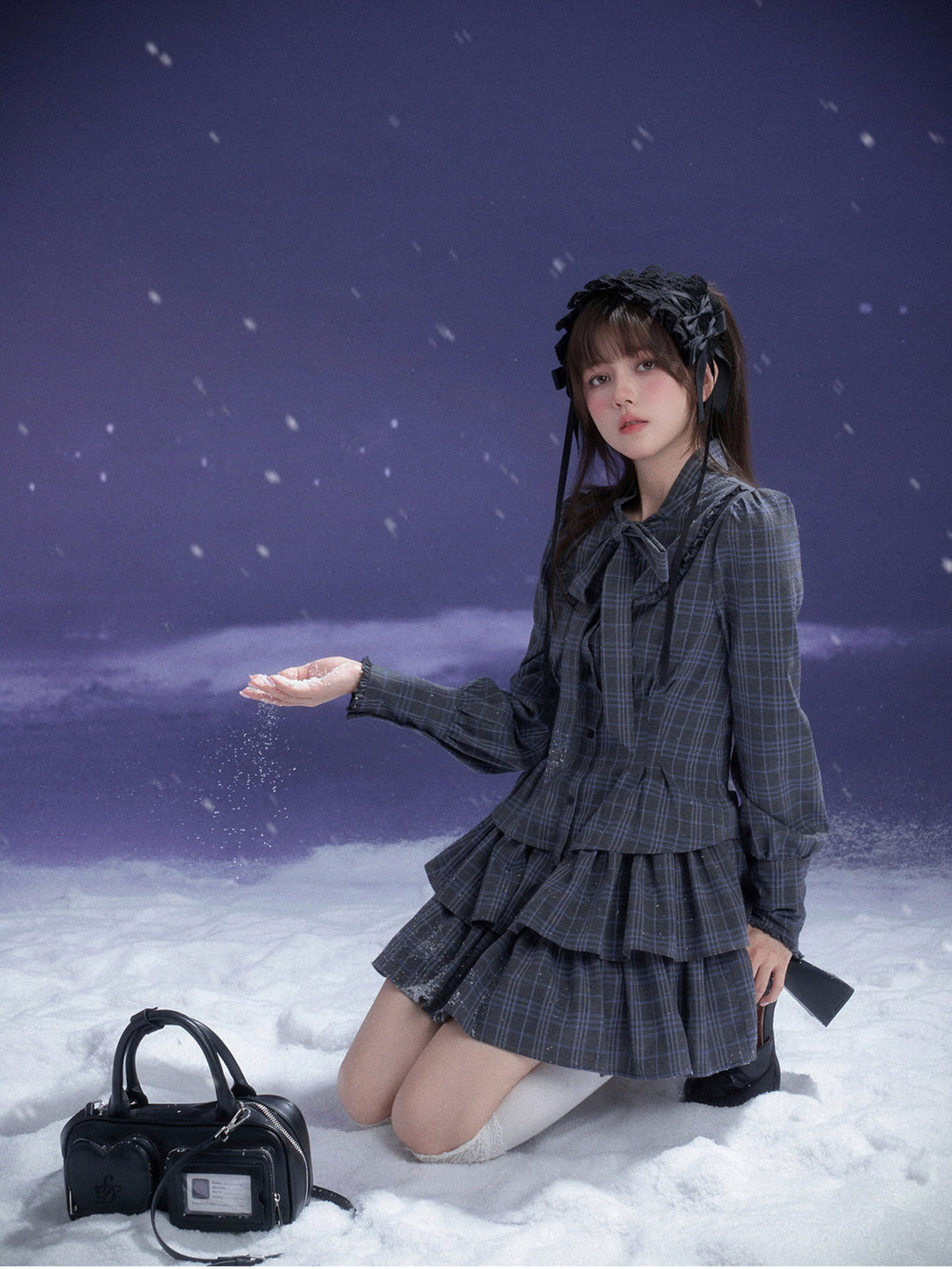 Plaid Bow Collar Tiered Mini Dress