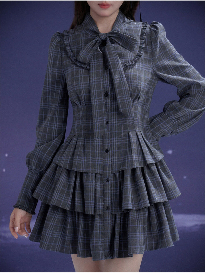 Plaid Bow Collar Tiered Mini Dress