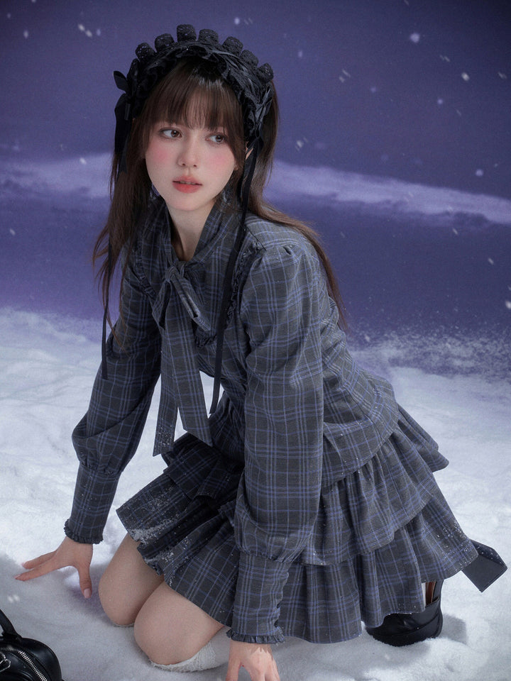 Plaid Bow Collar Tiered Mini Dress