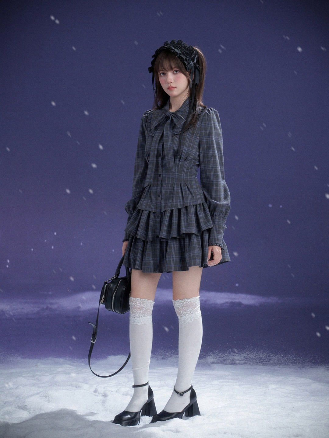 Plaid Bow Collar Tiered Mini Dress