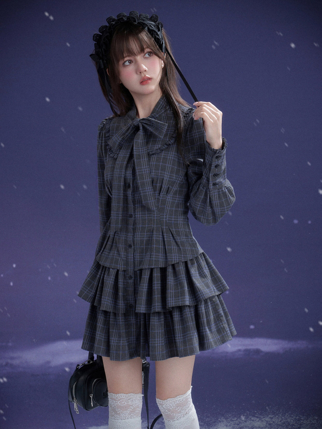 Plaid Bow Collar Tiered Mini Dress