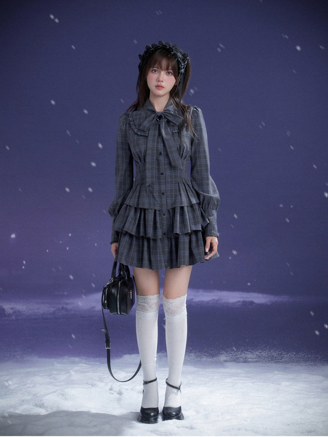 Plaid Bow Collar Tiered Mini Dress