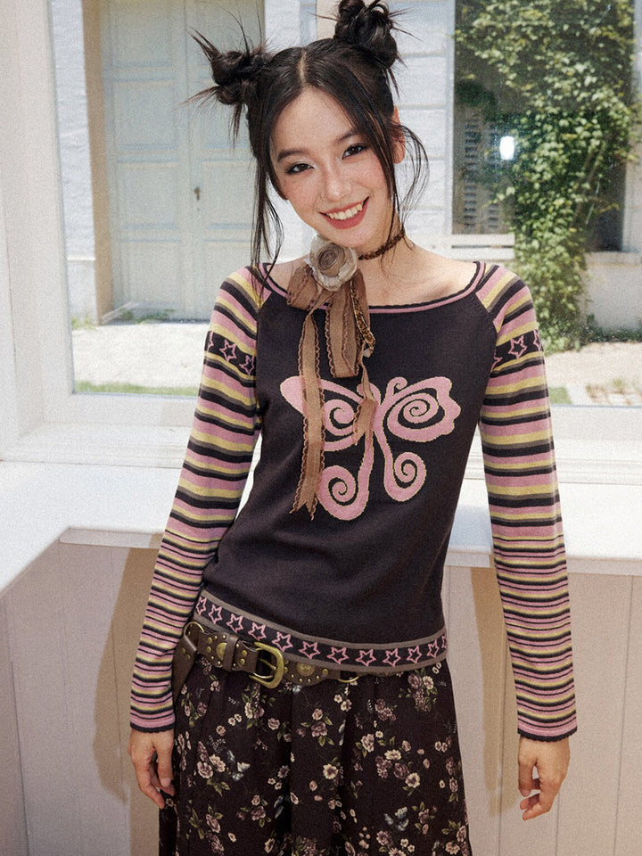 Y2K Butterfly Striped Raglan Long Sleeve Top