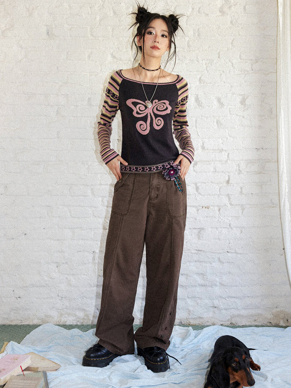 Y2K Butterfly Striped Raglan Long Sleeve Top
