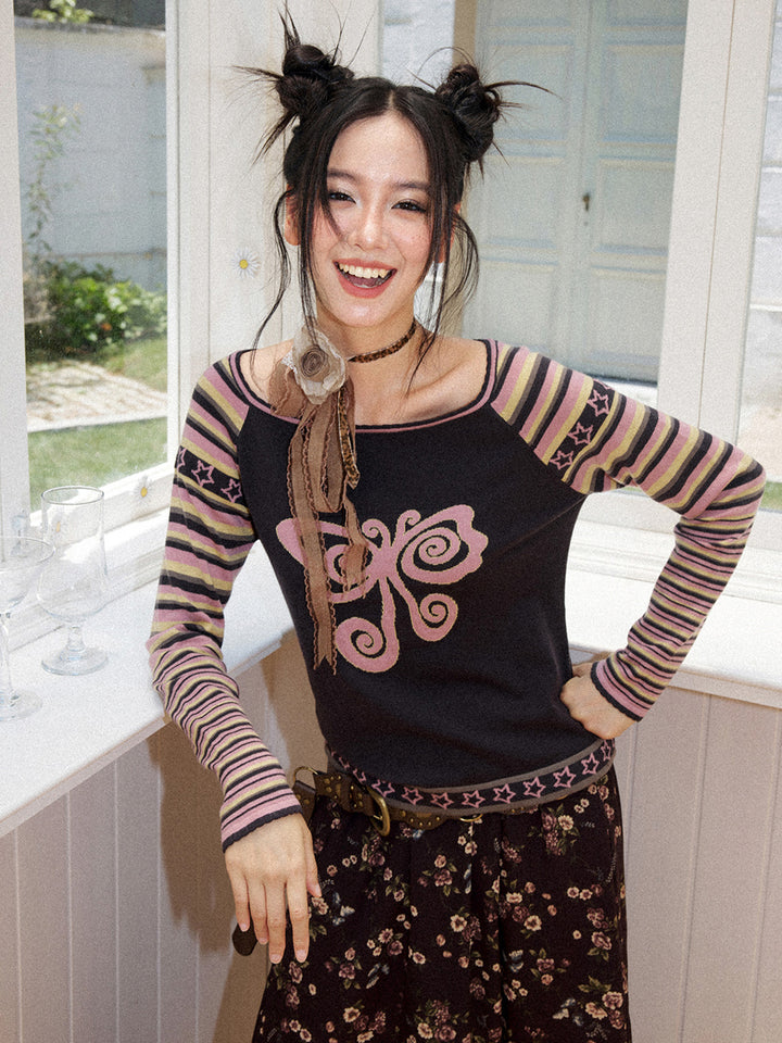 Y2K Butterfly Striped Raglan Long Sleeve Top