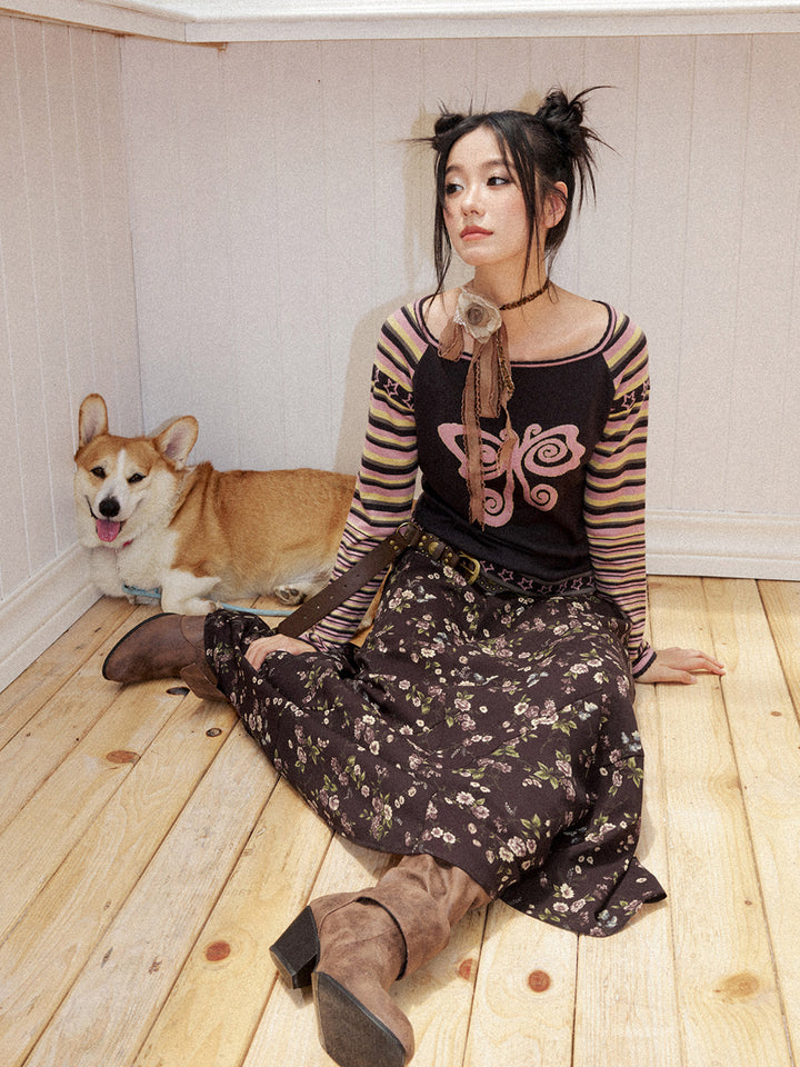 Y2K Butterfly Striped Raglan Long Sleeve Top