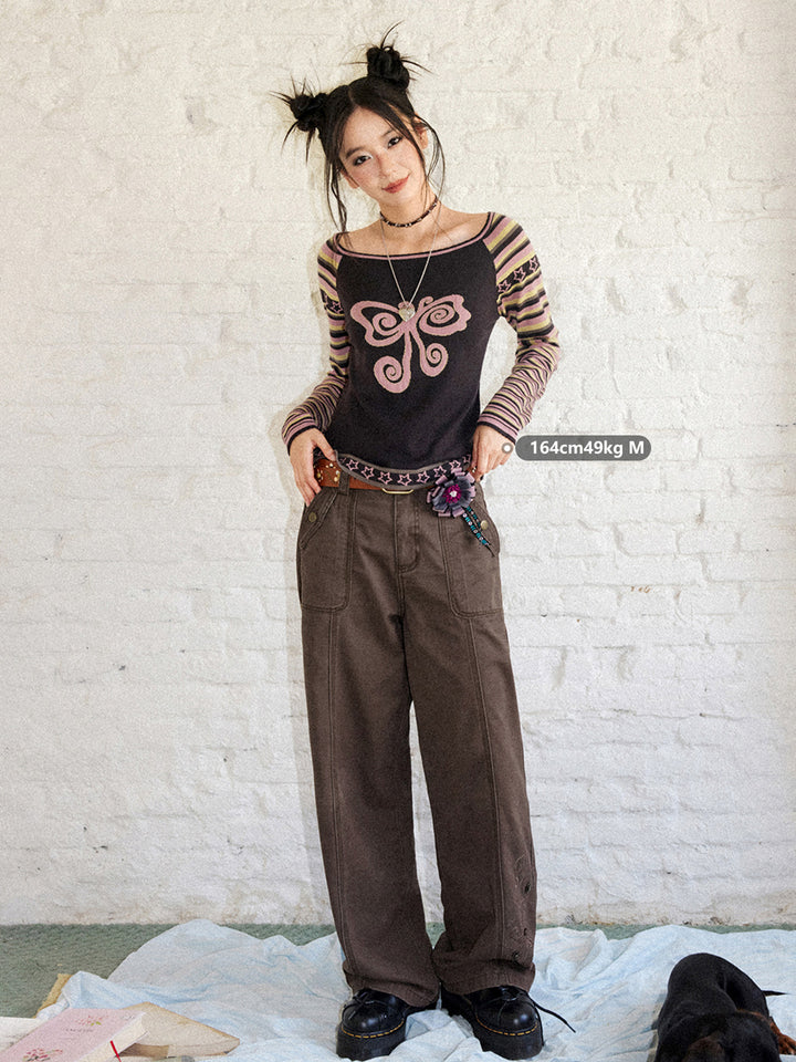 Y2K Butterfly Striped Raglan Long Sleeve Top