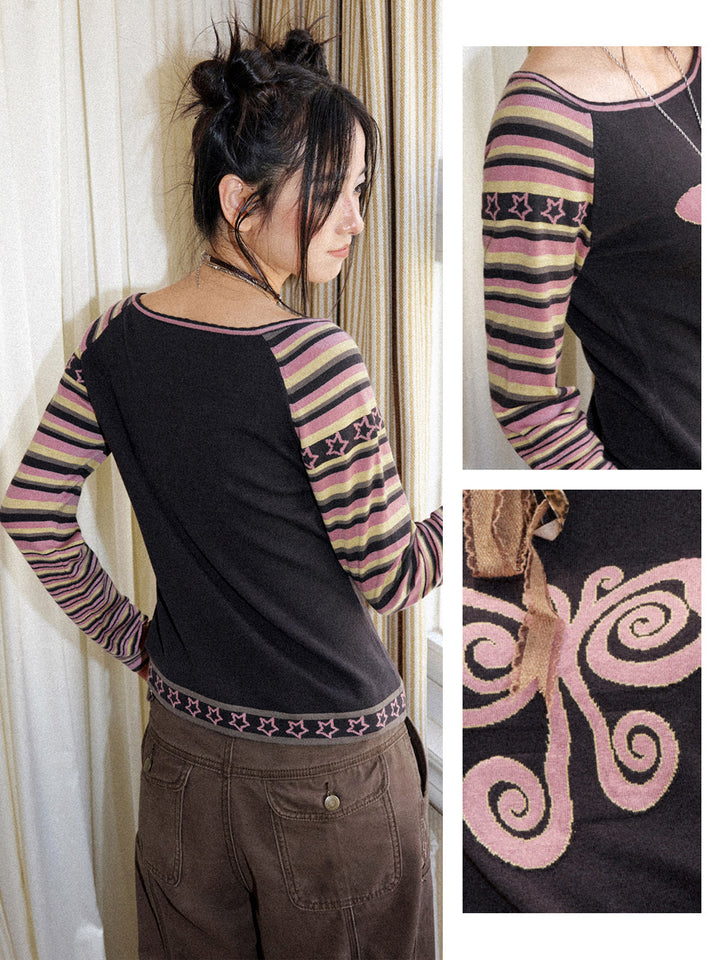 Y2K Butterfly Striped Raglan Long Sleeve Top