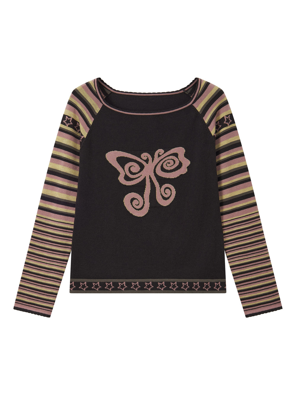 Y2K Butterfly Striped Raglan Long Sleeve Top