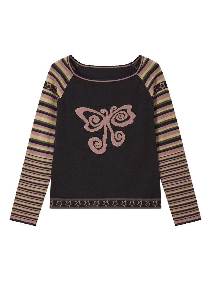 Y2K Butterfly Striped Raglan Long Sleeve Top