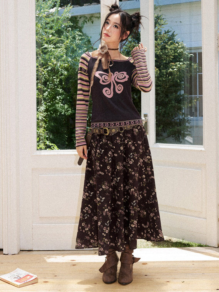 Y2K Butterfly Striped Raglan Long Sleeve Top