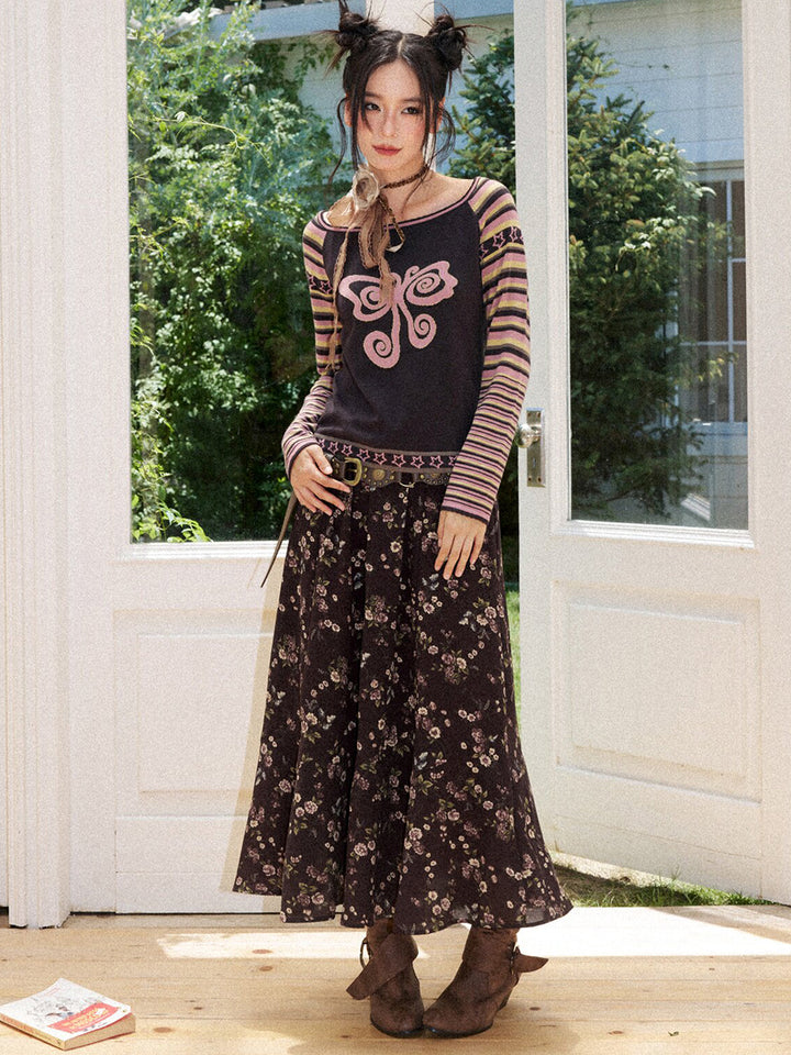 Y2K Butterfly Striped Raglan Long Sleeve Top