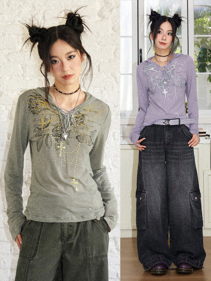 Y2K Butterfly Lace-Up Striped Hooded Top