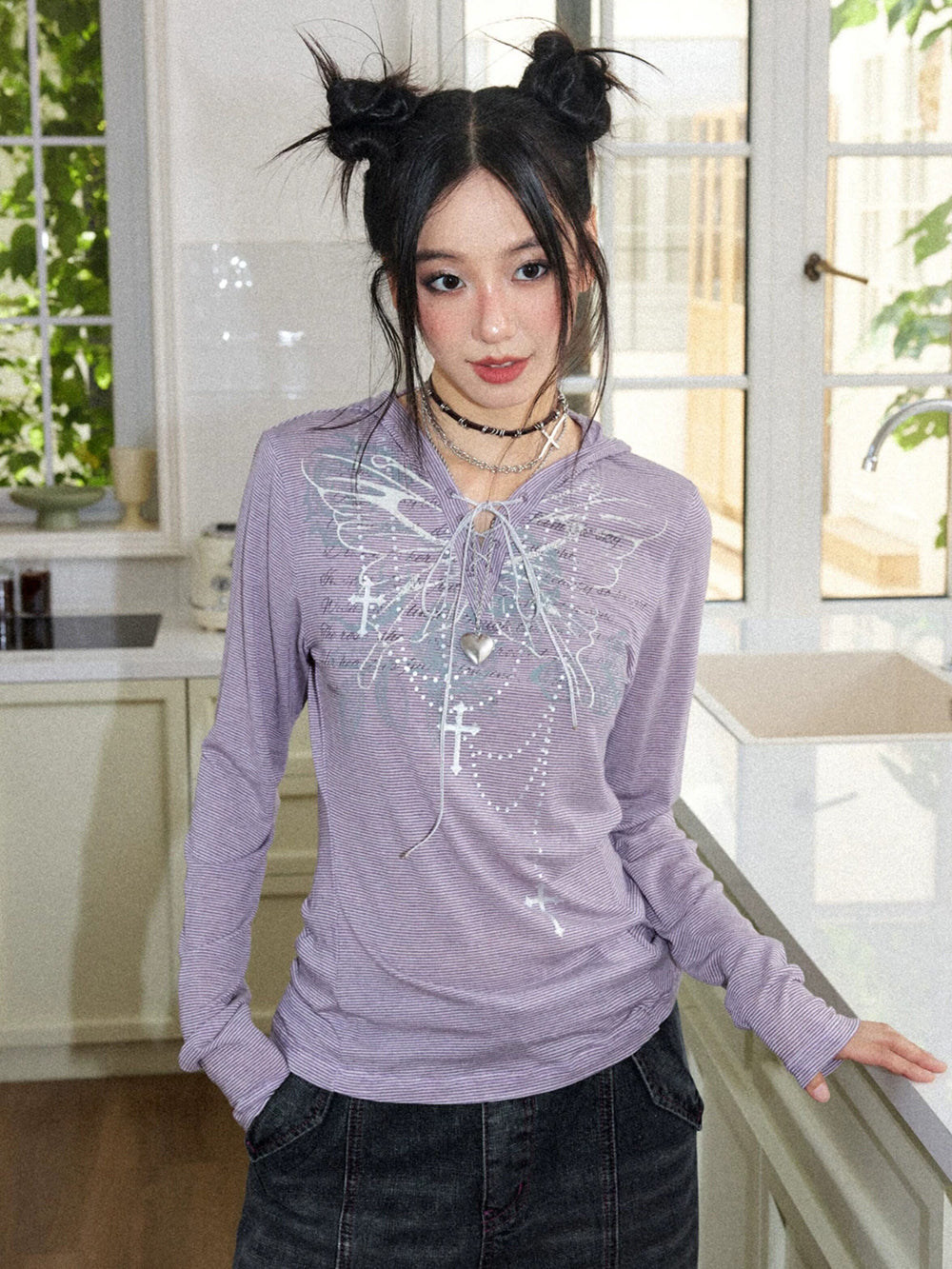 Y2K Butterfly Lace-Up Striped Hooded Top