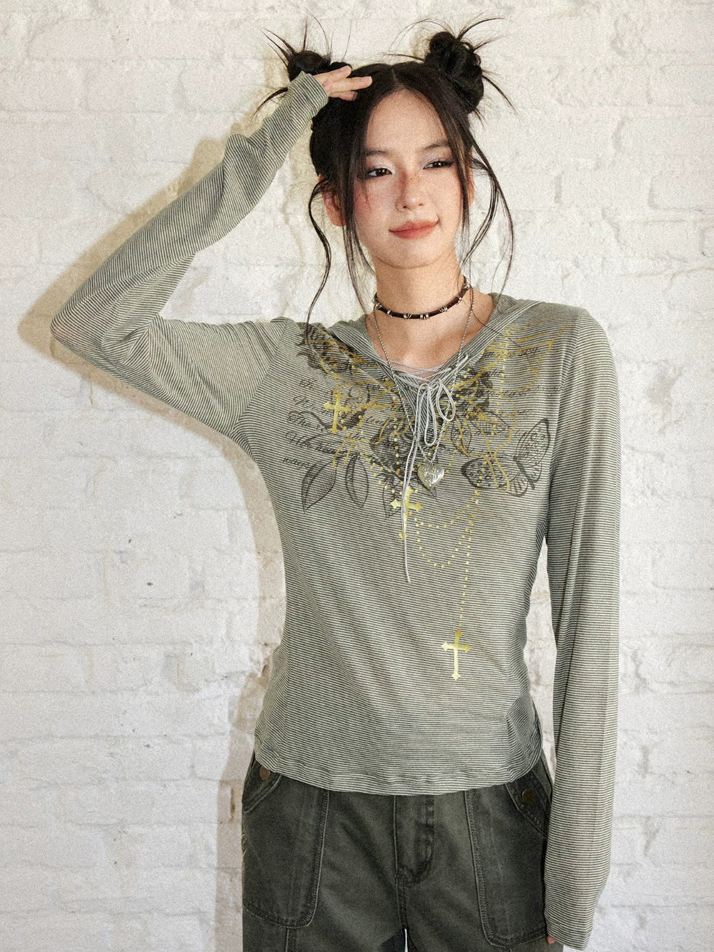 Y2K Butterfly Lace-Up Striped Hooded Top