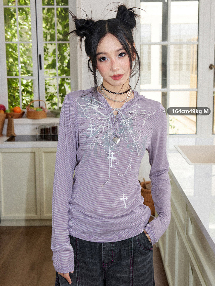 Y2K Butterfly Lace-Up Striped Hooded Top