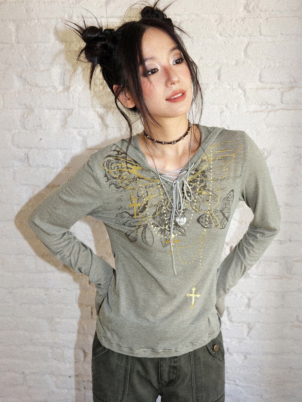 Y2K Butterfly Lace-Up Striped Hooded Top