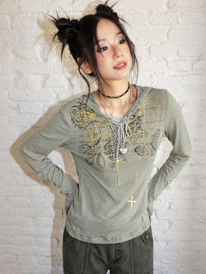 Y2K Butterfly Lace-Up Striped Hooded Top