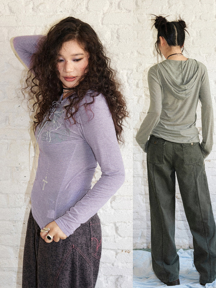 Y2K Butterfly Lace-Up Striped Hooded Top