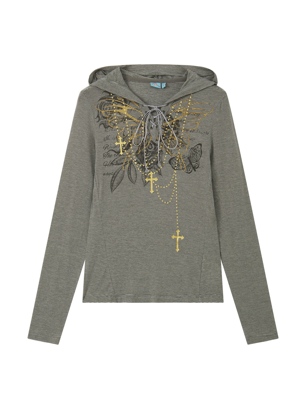 Y2K Butterfly Lace-Up Striped Hooded Top