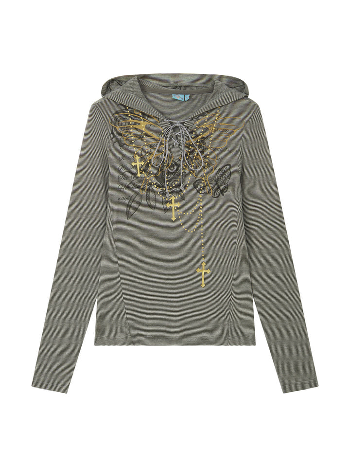 Y2K Butterfly Lace-Up Striped Hooded Top