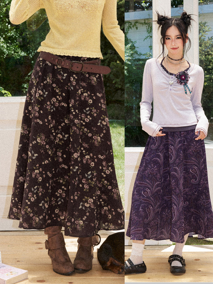 Vintage Ditsy Floral A-Line Midi Skirt