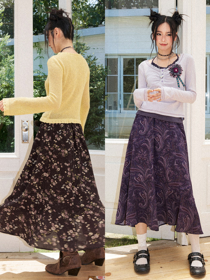 Vintage Ditsy Floral A-Line Midi Skirt