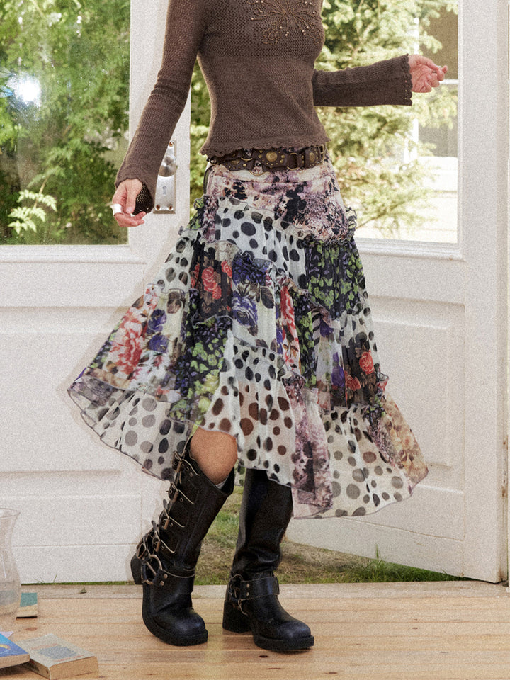 Vintage Floral Patchwork Asymmetric Tiered Midi Skirt