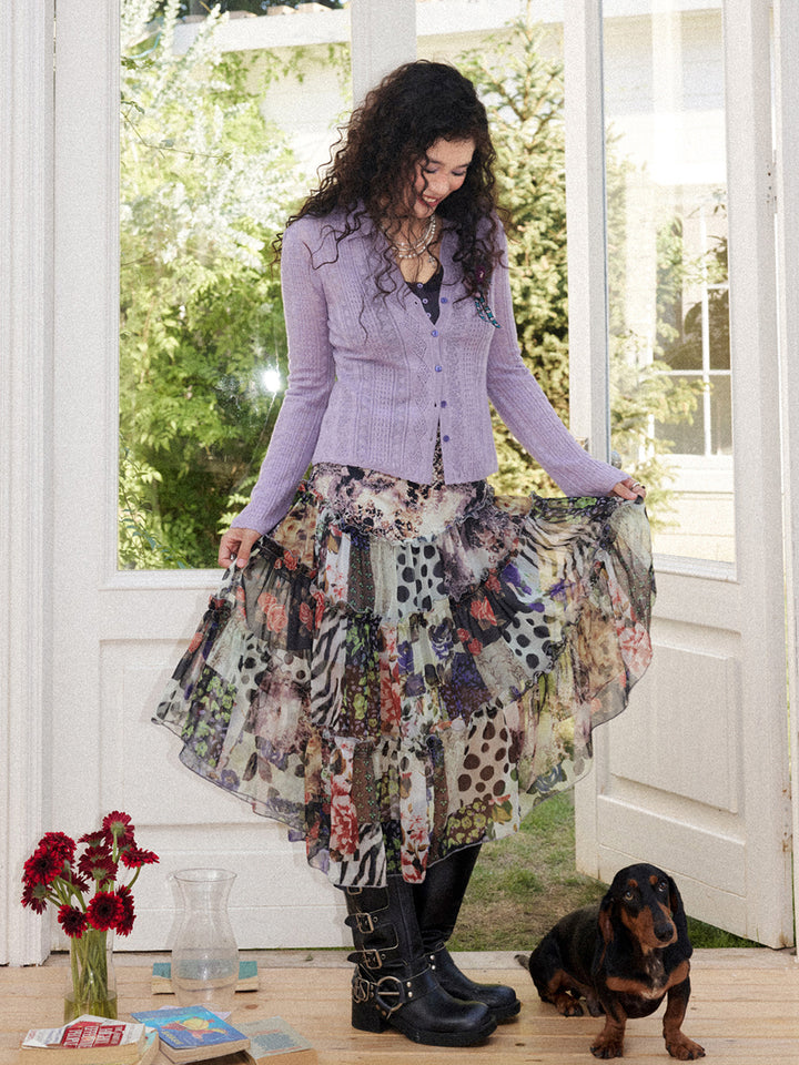 Vintage Floral Patchwork Asymmetric Tiered Midi Skirt