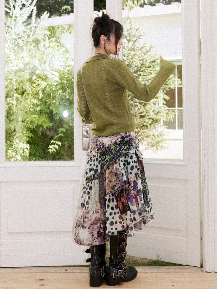 Vintage Floral Patchwork Asymmetric Tiered Midi Skirt