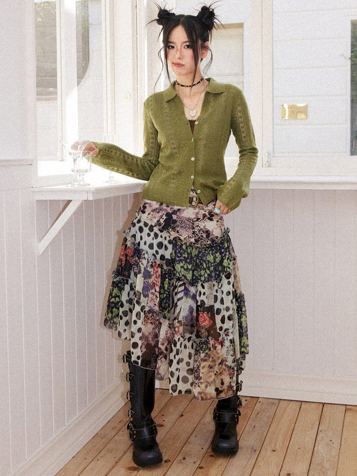Vintage Floral Patchwork Asymmetric Tiered Midi Skirt
