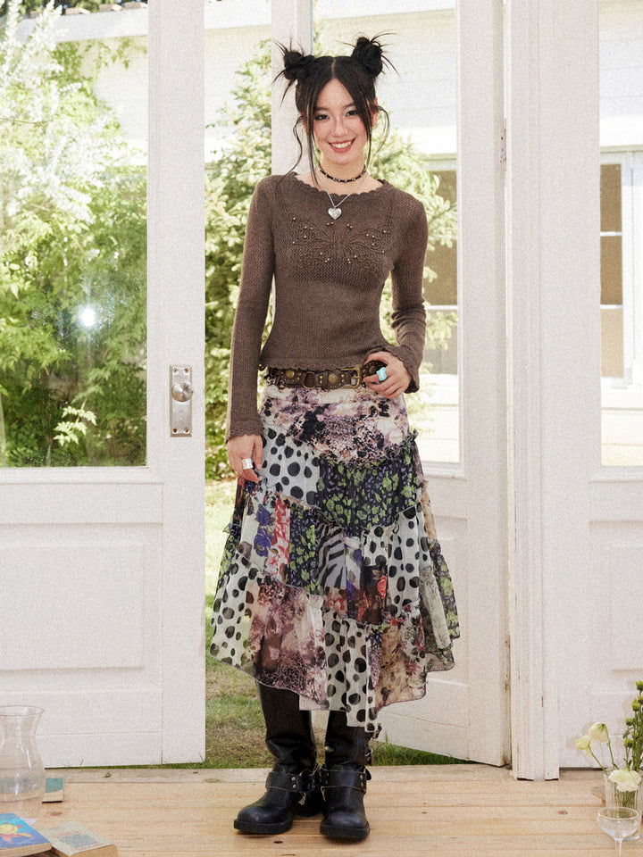 Vintage Floral Patchwork Asymmetric Tiered Midi Skirt