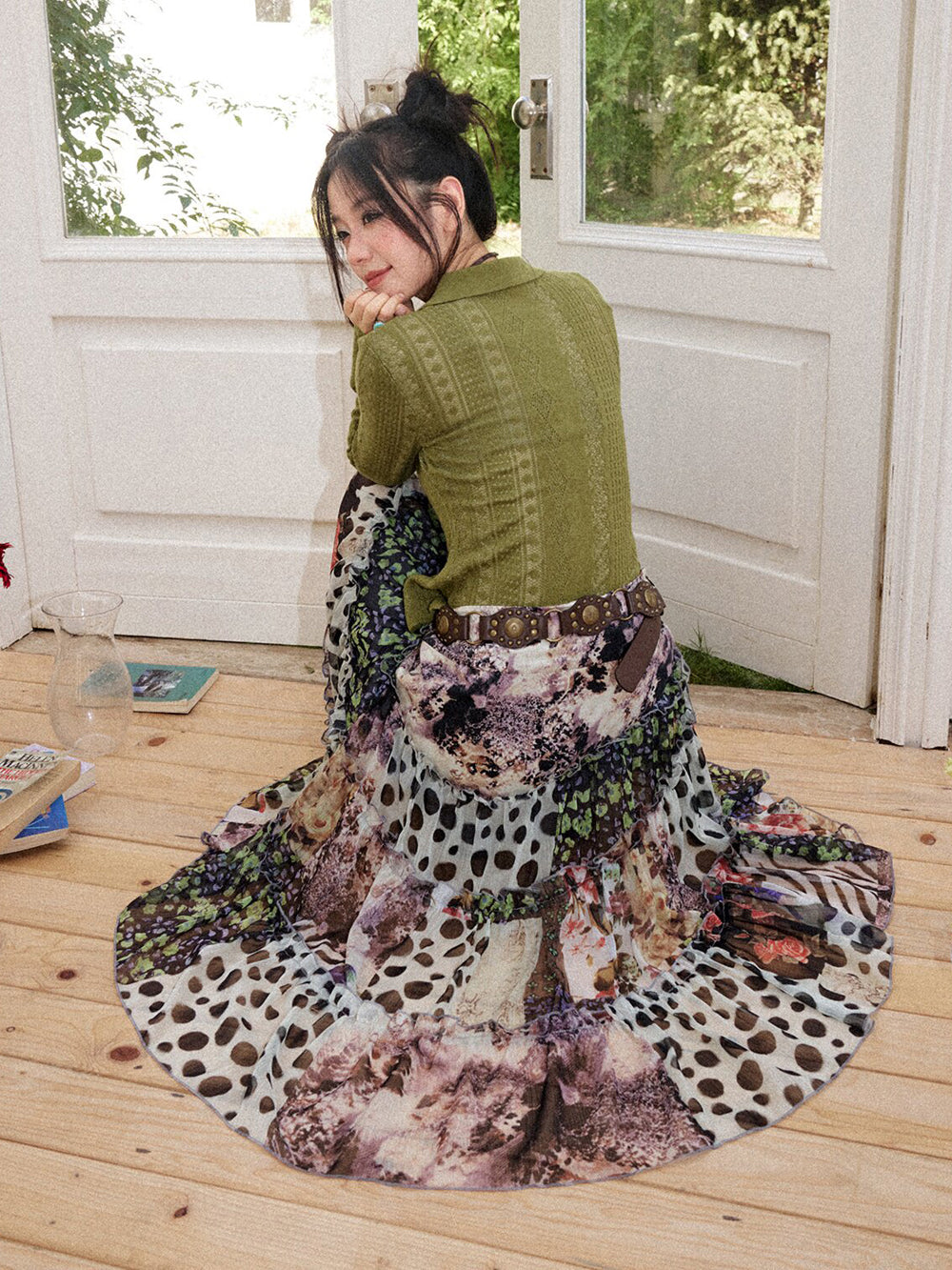 Vintage Floral Patchwork Asymmetric Tiered Midi Skirt
