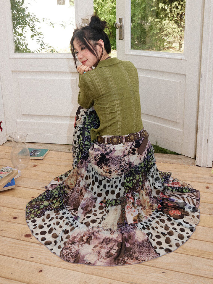 Vintage Floral Patchwork Asymmetric Tiered Midi Skirt