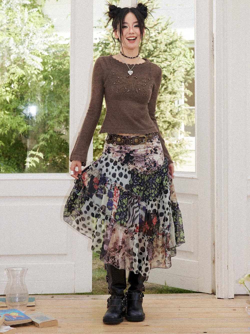 Vintage Floral Patchwork Asymmetric Tiered Midi Skirt