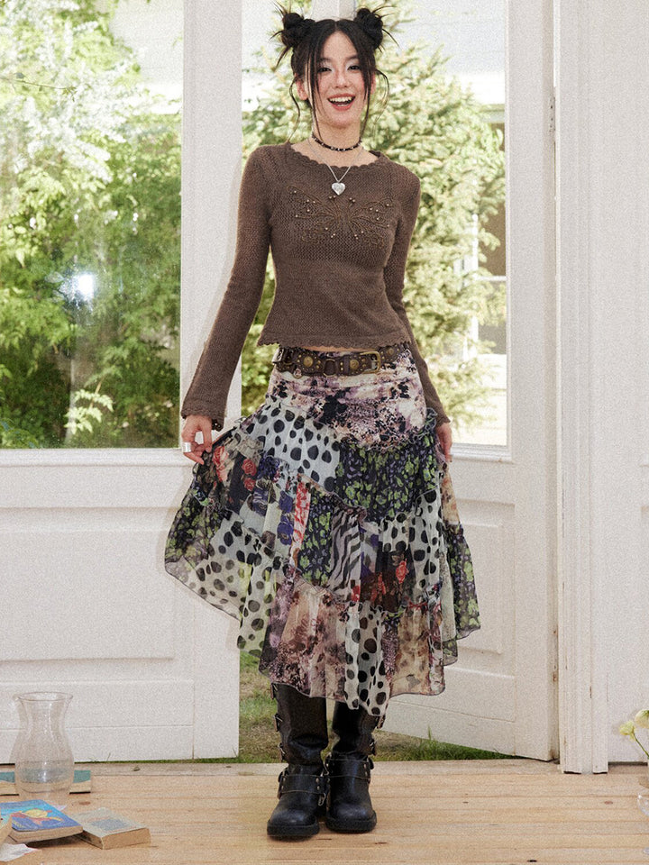 Vintage Floral Patchwork Asymmetric Tiered Midi Skirt