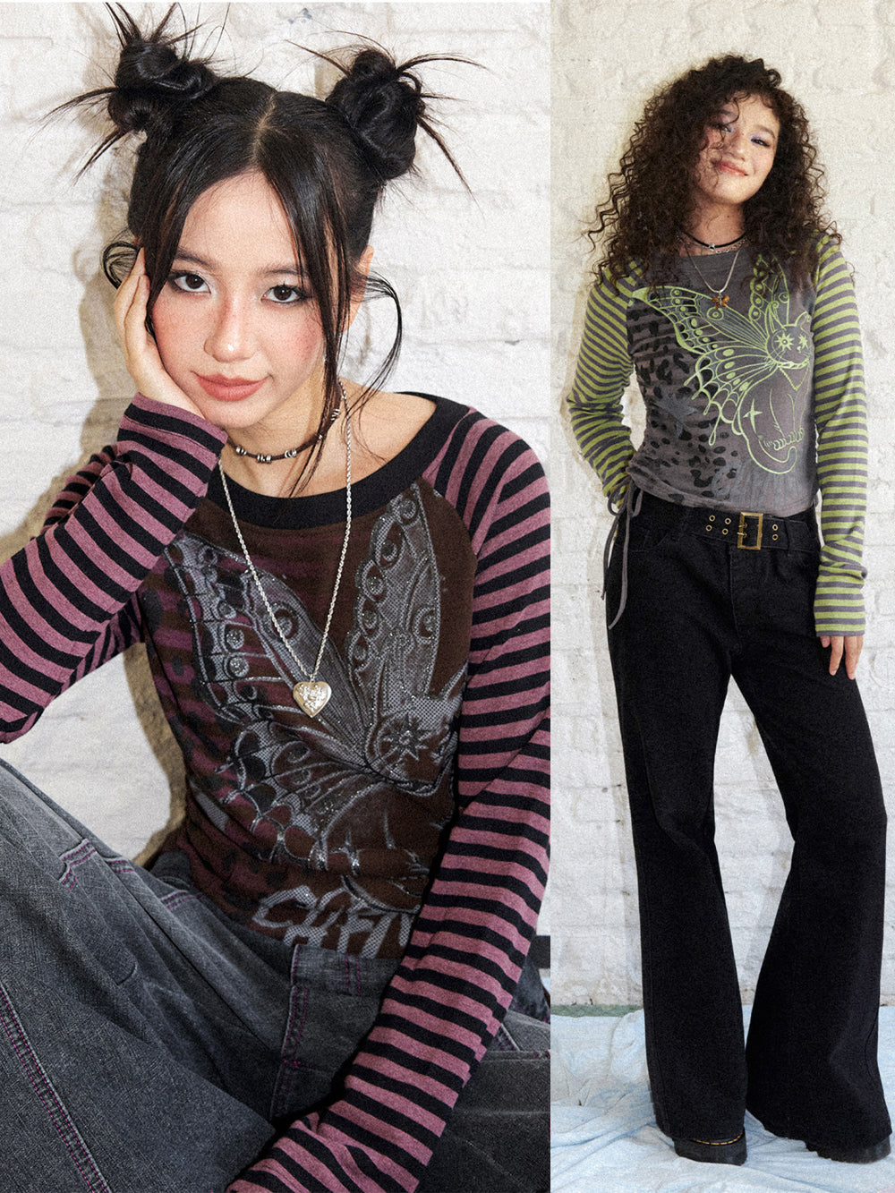 Winged Cat Graphic Striped Raglan Ruched Long Sleeve Top