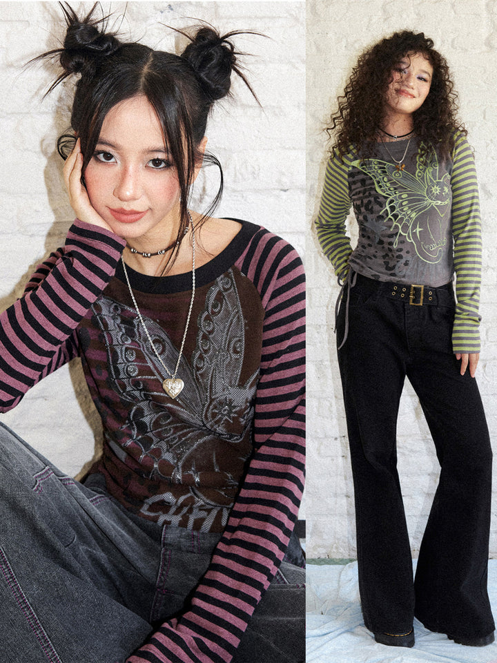 Winged Cat Graphic Striped Raglan Ruched Long Sleeve Top