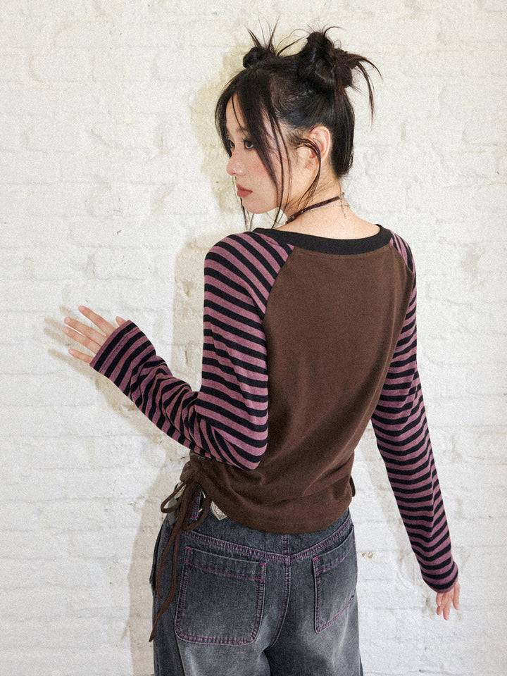 Winged Cat Graphic Striped Raglan Ruched Long Sleeve Top