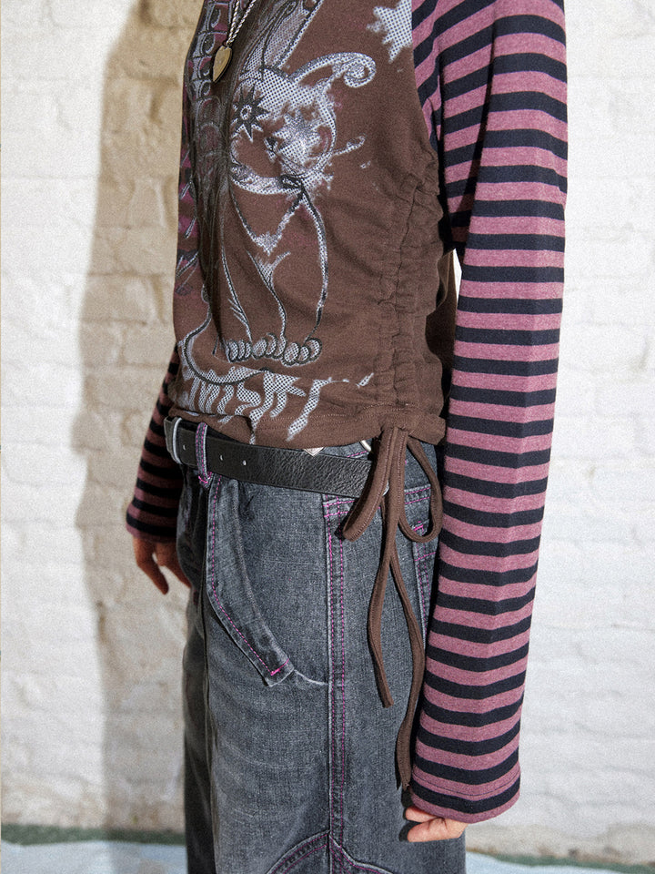 Winged Cat Graphic Striped Raglan Ruched Long Sleeve Top