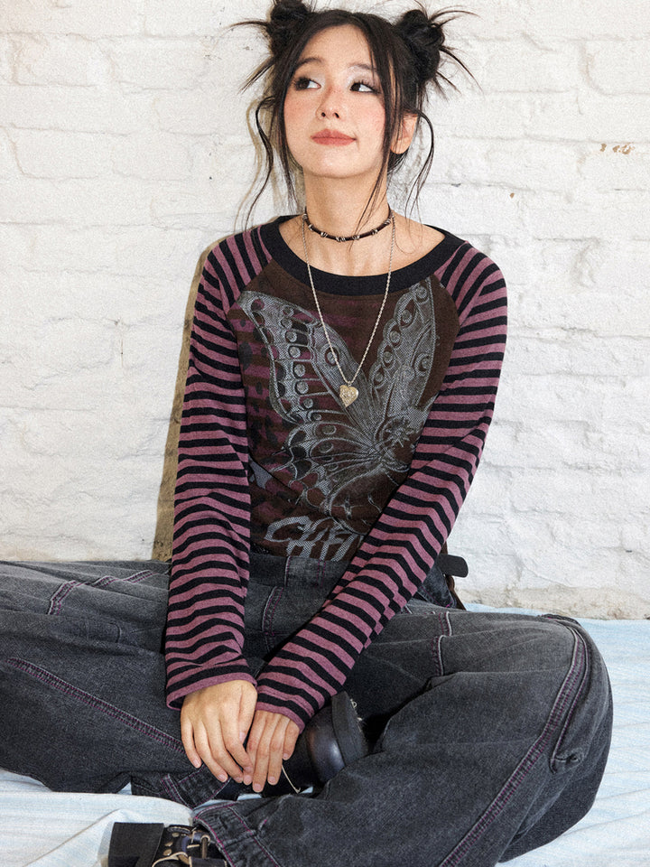 Winged Cat Graphic Striped Raglan Ruched Long Sleeve Top