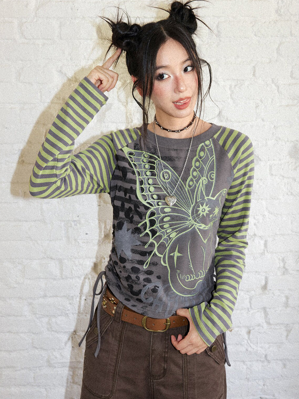 Winged Cat Graphic Striped Raglan Ruched Long Sleeve Top