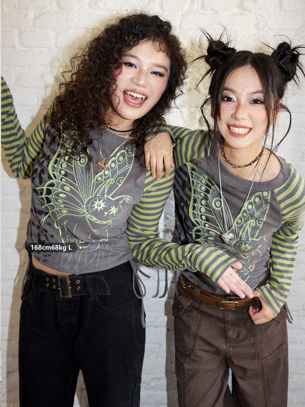 Winged Cat Graphic Striped Raglan Ruched Long Sleeve Top