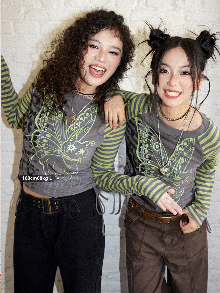 Winged Cat Graphic Striped Raglan Ruched Long Sleeve Top
