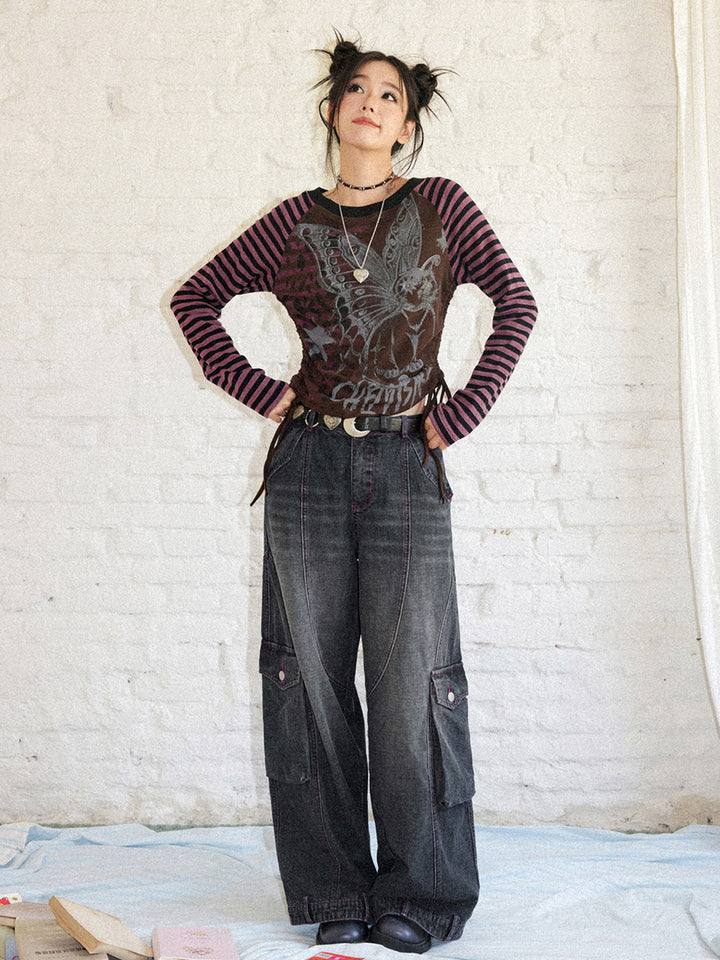 Winged Cat Graphic Striped Raglan Ruched Long Sleeve Top