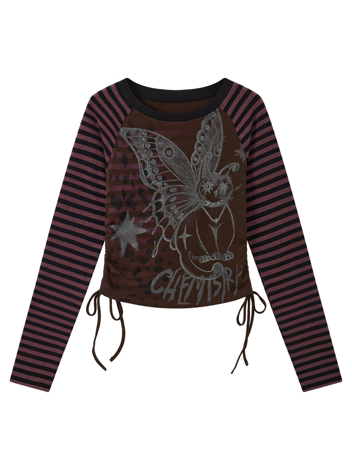 Winged Cat Graphic Striped Raglan Ruched Long Sleeve Top